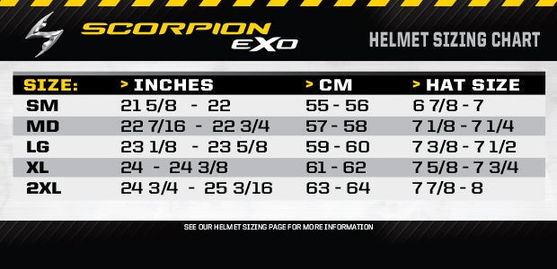 scorpion exo 400 helmet size chart EXO-AT960 EXO-COM Modular Matte Black SM with a unisex design. Scorpion EXO ST1400 Evo Carbon