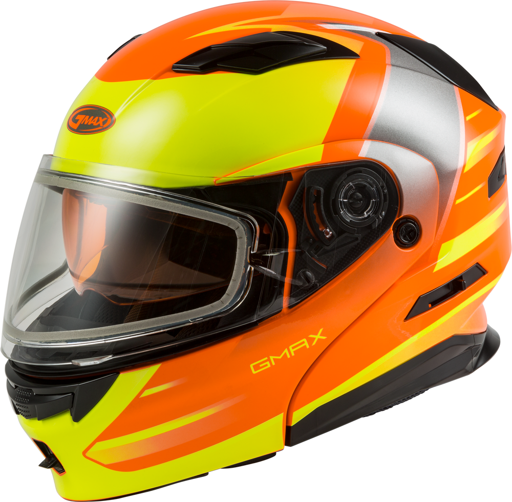 bright orange motorcycle helmet Gmax MD-01S Modular Snow Helmet Descendant Neon Orange Hi Vis Dual Lens
