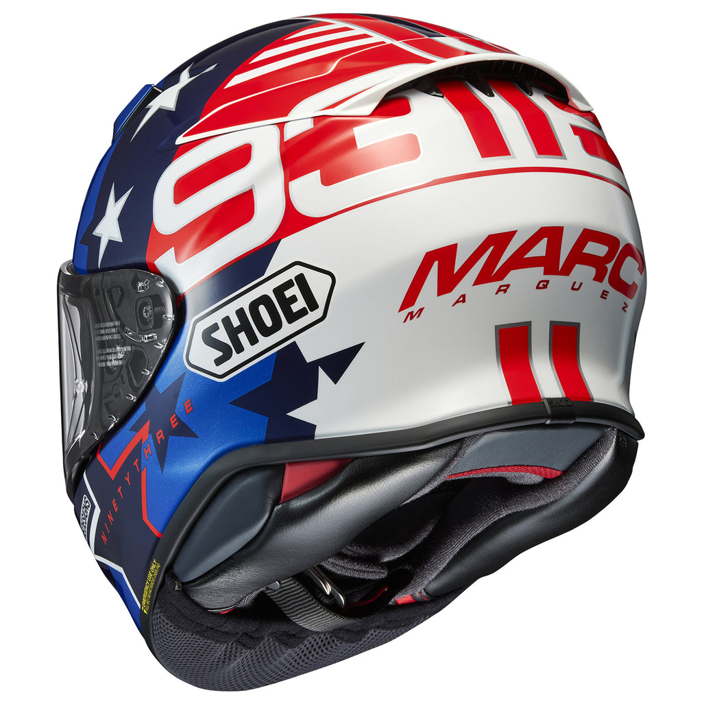 refurbished shoei helmets Shoei RF-1400 Full Face Helmet Marquez American Spirit – HelmetCountry.com
