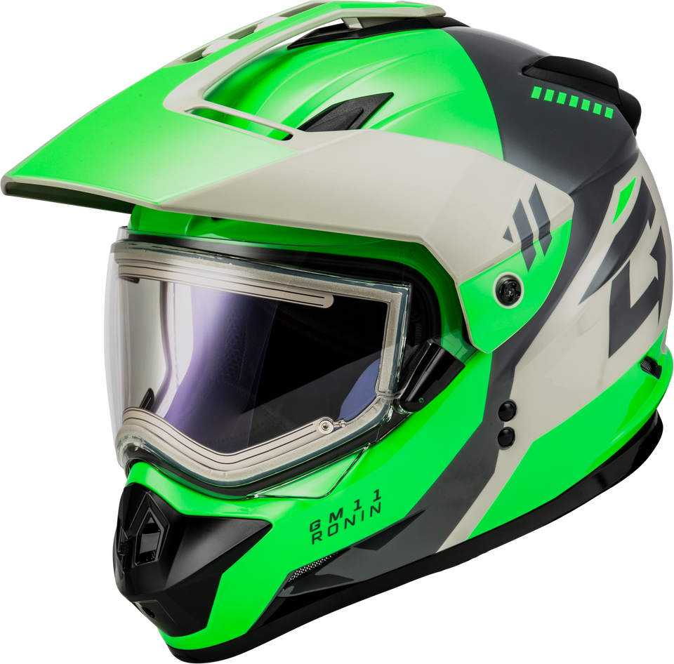 Gmax GM-11S Ronin Snow Helmet Green Grey Electric Shield and Street Lens