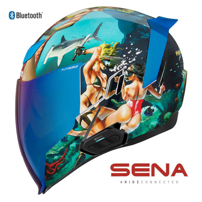 Icon Airflite Pleasuredome 4 Graphic Blue Sena Spider Bluetooth Helmet