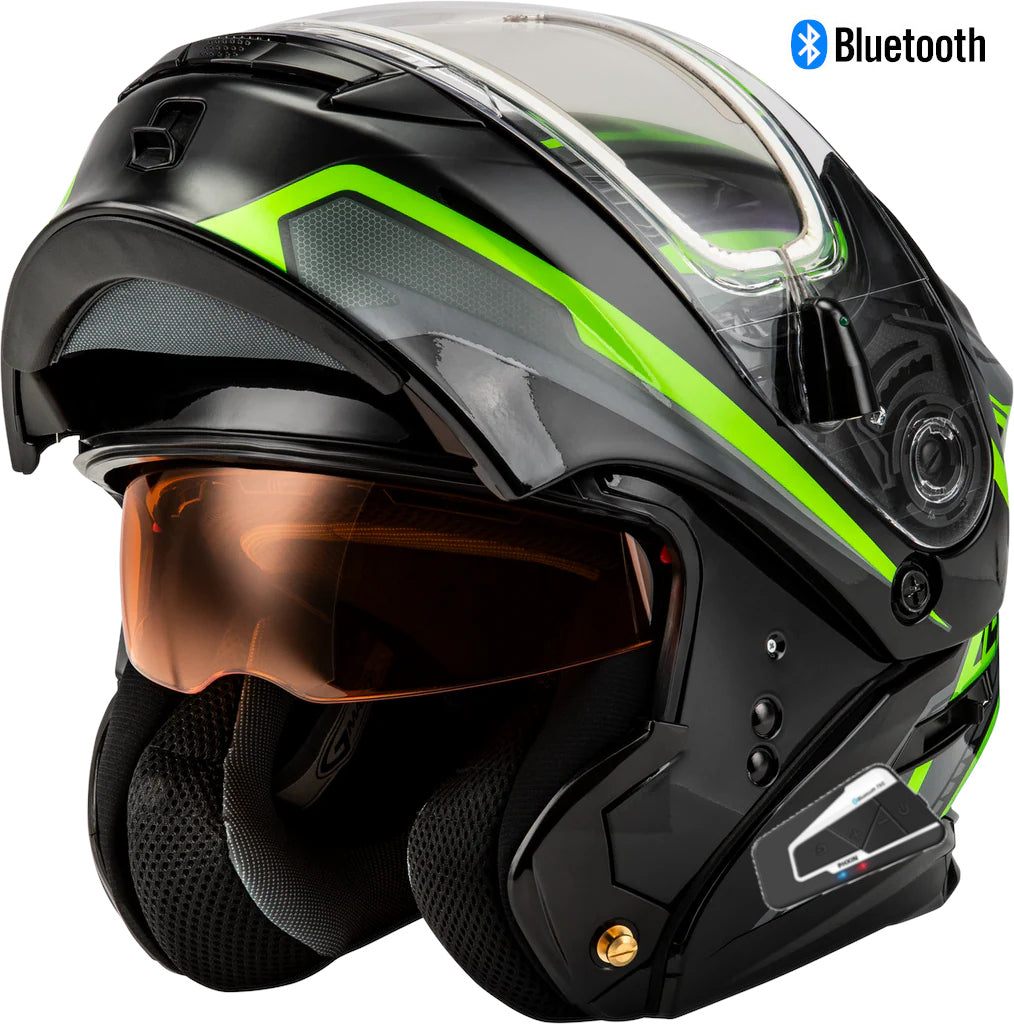 Gmax MD-01S Transistor Bluetooth Snow Helmet Green Black Electric Shield