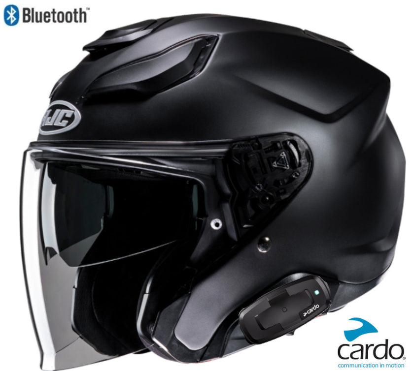 HJC F31 Open Face Bluetooth Helmet Flat Black Cardo 4X Installed