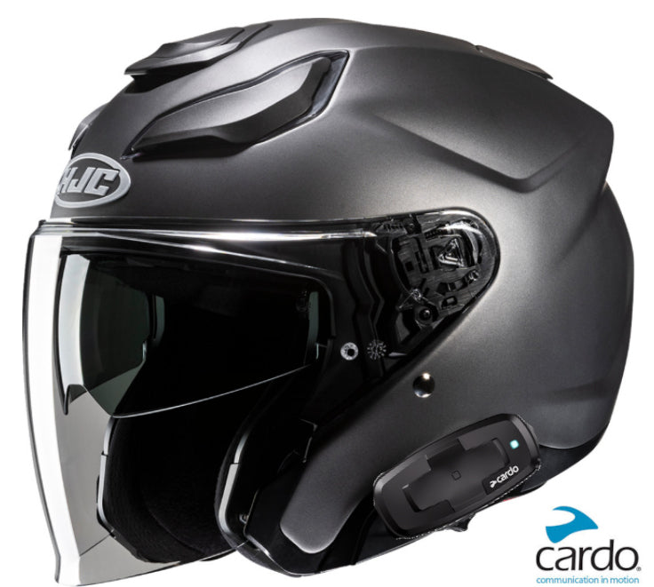 HJC F31 Bluetooth Helmet Semi Flat Titanium Cardo 4X Installed