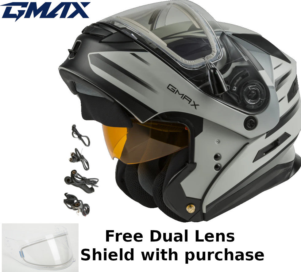 Gmax MD-01S Snow Helmet Descendant Matte Gray Silver Electric Shield and Dual Lens