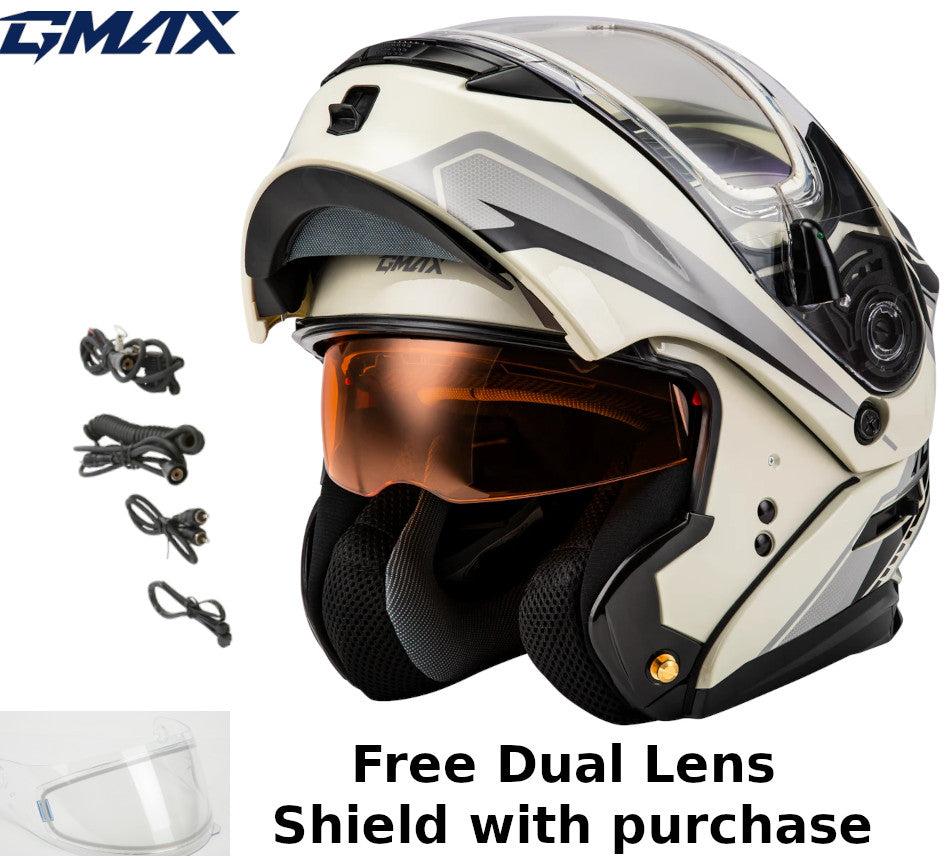 Gmax MD-01S Transistor Snow Helmet White Grey Black Electric Shield and Dual Lens