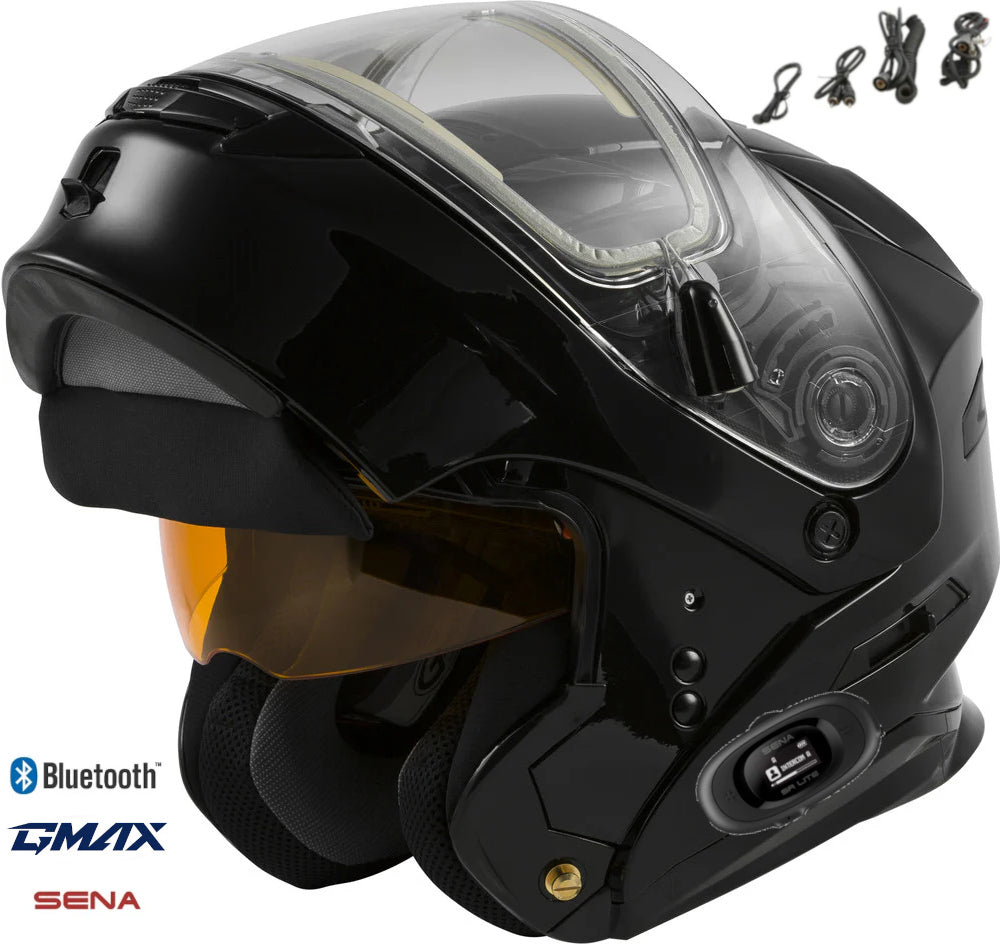 Gmax MD-01S Sena Bluetooth Snow Helmet Gloss Black Electric Shield