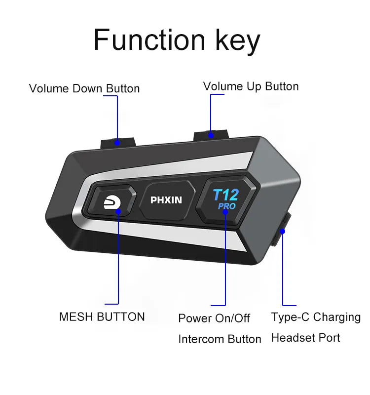 PHXIN T12 Pro Mesh Bluetooth Intercom Single Sound & Music Sharing