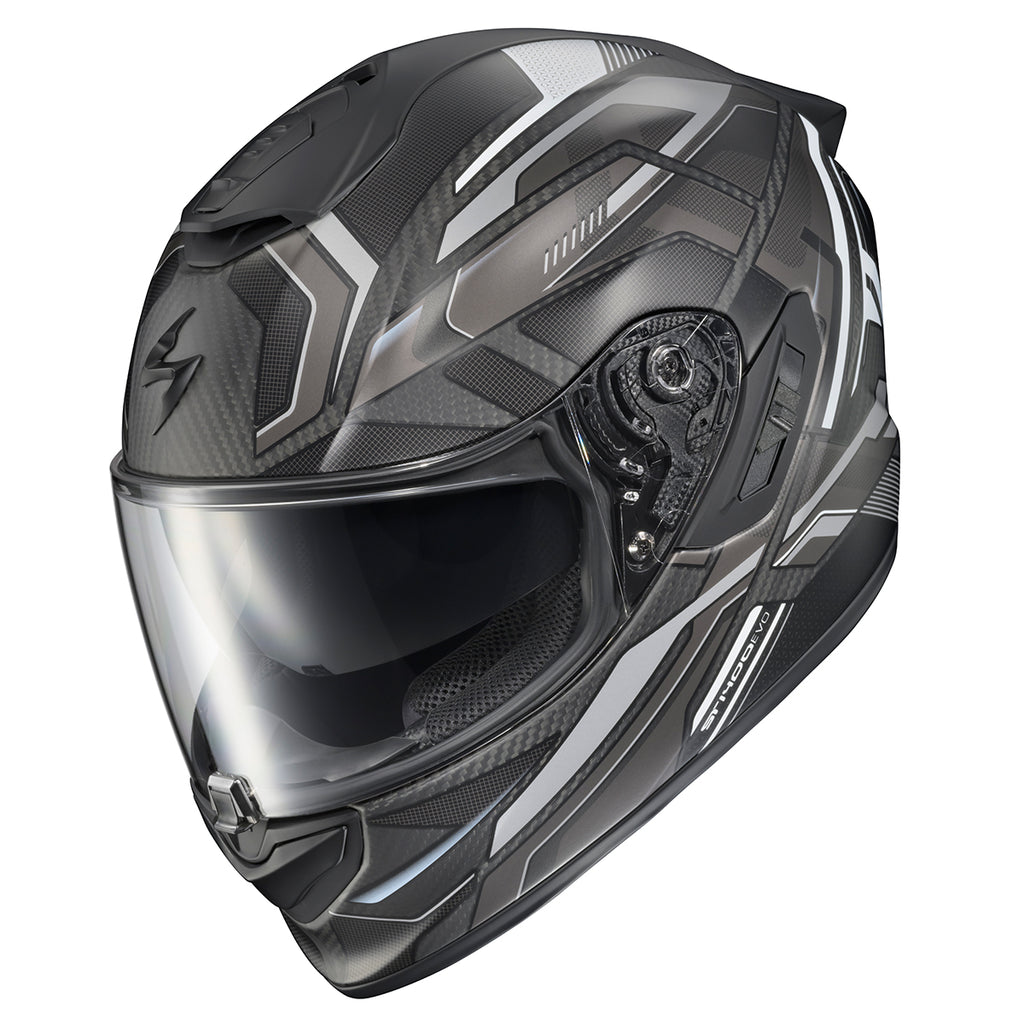 bluetooth scorpion helmets EXO-ST1400 Carbon Helmet Hex Matte Grey down sun visor Scorpion Exo-Com Bluetooth System |