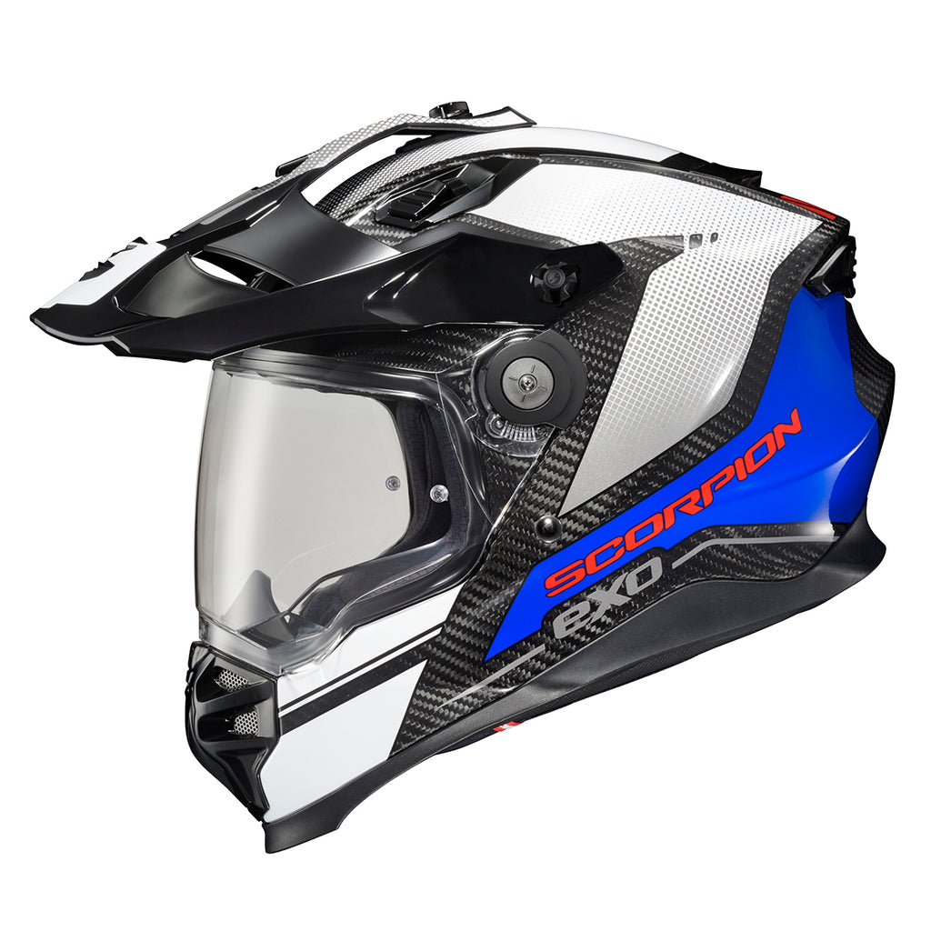 scorpion blue and.silver motorcycle helmet Scorpion EXO XT9000 Carbon Trailhead Helmet Small / White