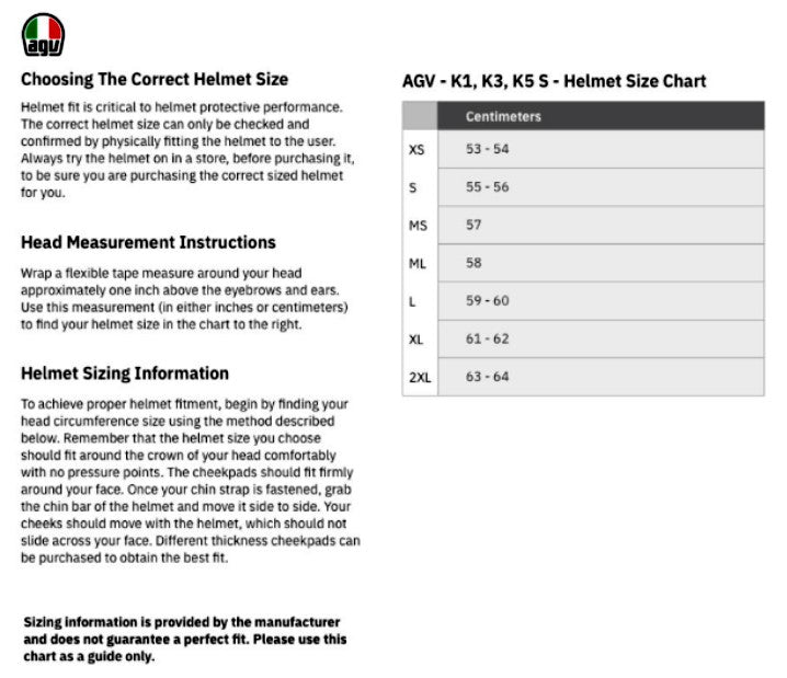 agv k1 size chart S Helmet - Limit 46 All parts are easily removable and washable K1 S
