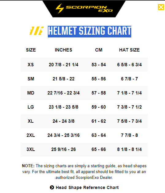 helmet size chart scorpion Scorpion EXO CV2-0055 Covert 2 Open-Face Helmet Gloss White LG