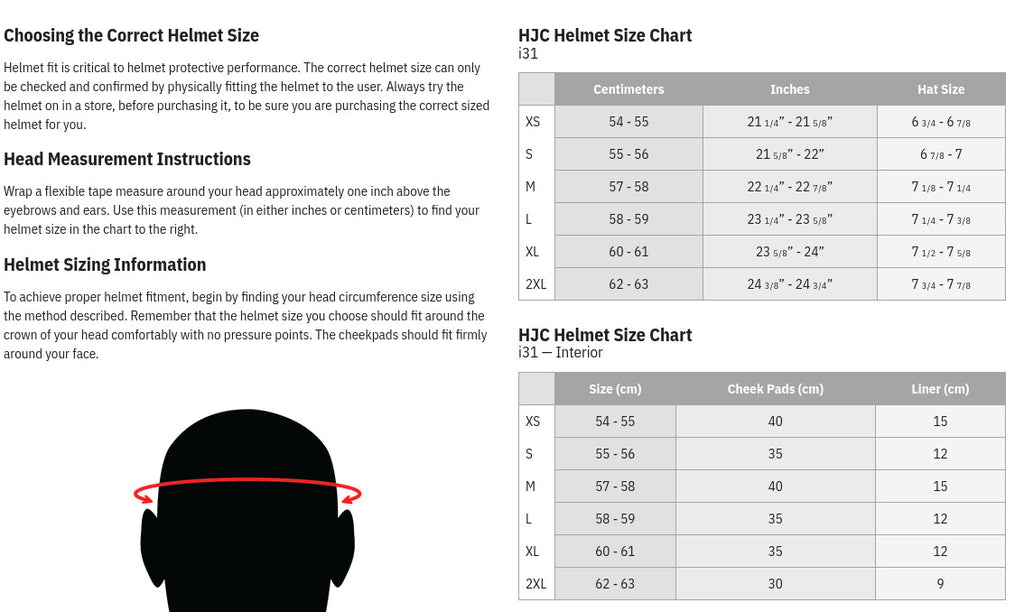 do all hjc helmets use the same size chart HJC i31 Helmet - Semi-Flat Metallic Blue