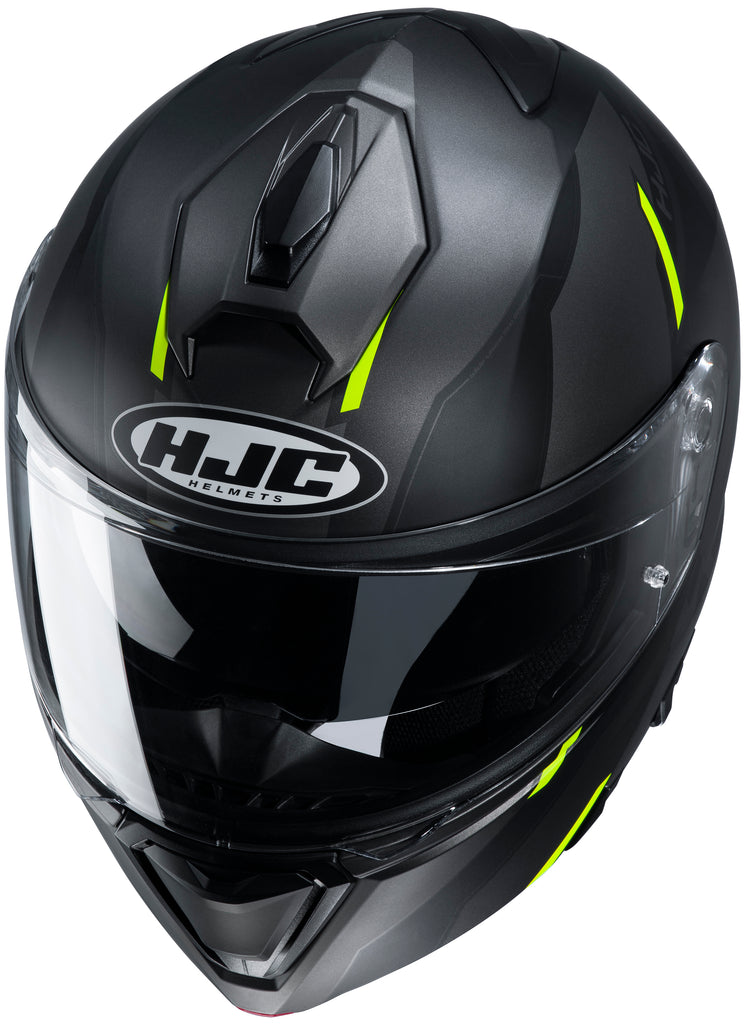 colored shield on graphic motorcycle helmets HJC i90 Aventa Helmet Black/Hi-Viz Yellow M