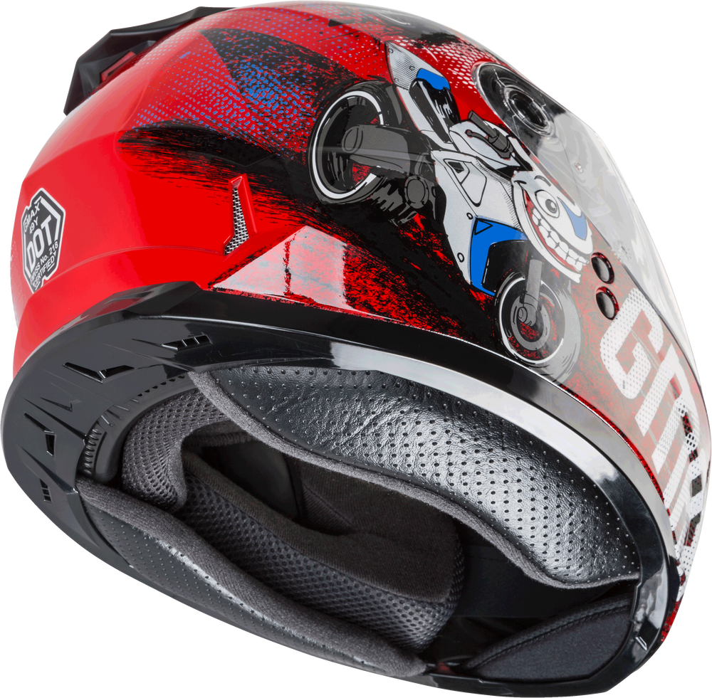 Gmax GM-49Y Youth Full Face Helmet Beasts Graphic Red Blue Grey Dual Lens