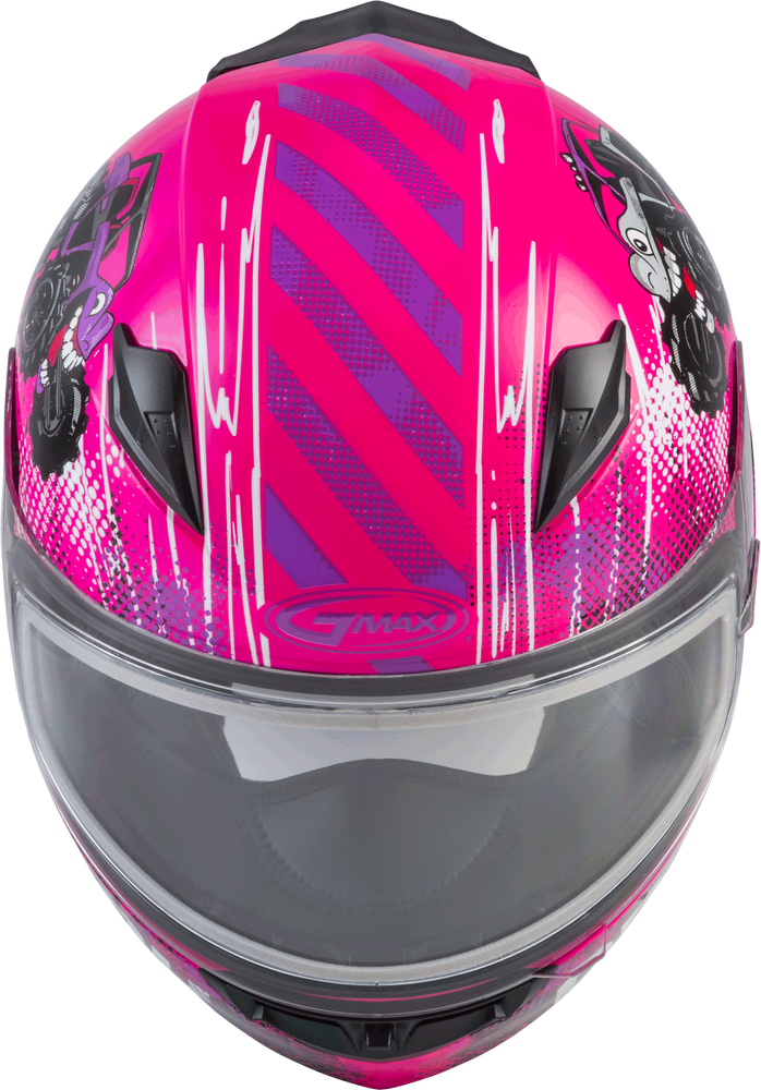 Gmax GM-49Y Youth Full Face Helmet Beasts Graphic Pink Purple Grey Dual Lens