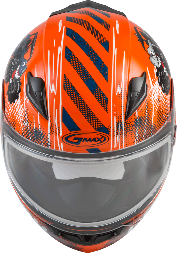 Gmax GM-49Y Youth Full Face Helmet Beasts Graphic Orange Blue Grey Dual Lens