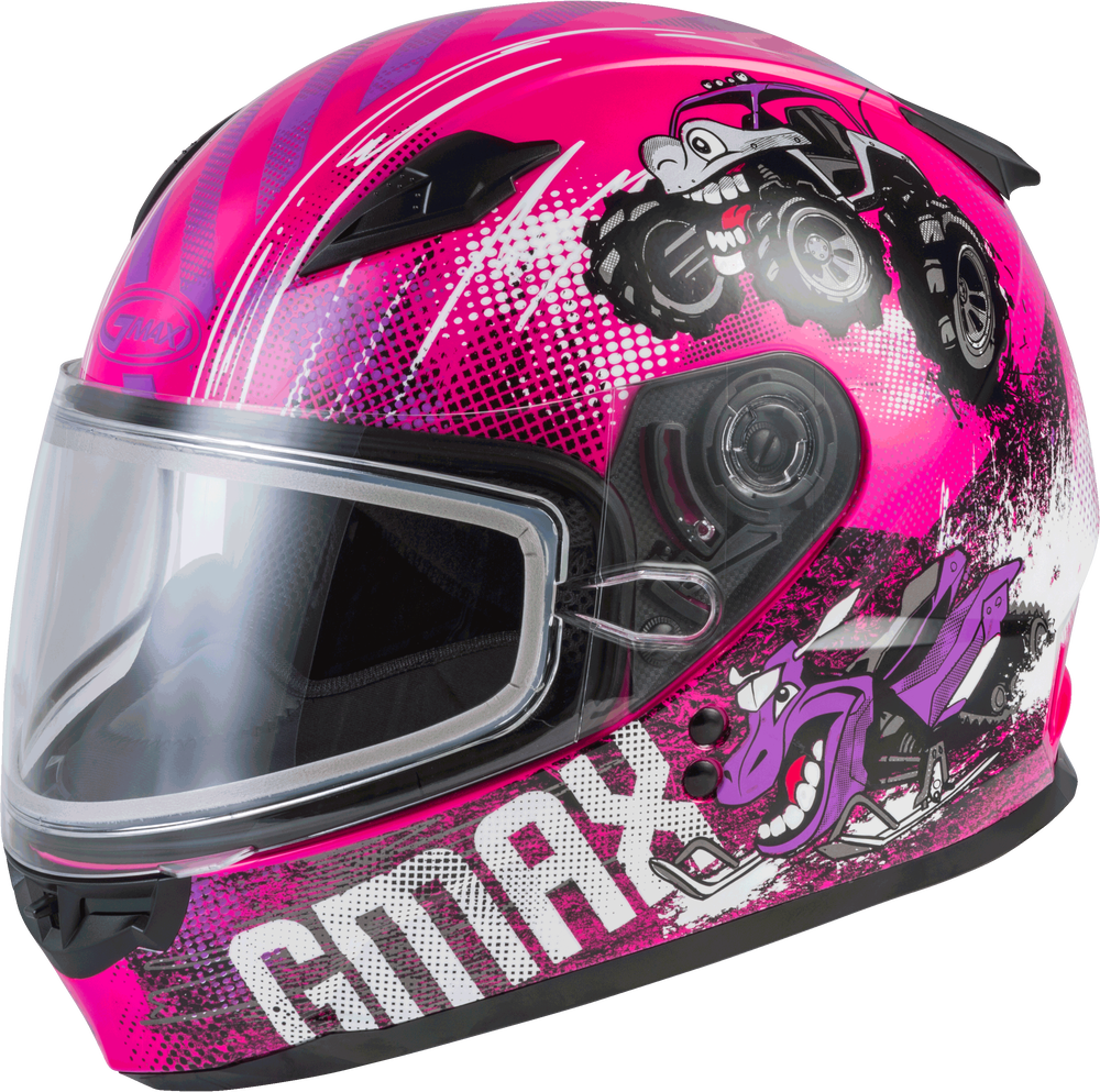 Gmax GM-49Y Youth Full Face Helmet Beasts Graphic Pink Purple Grey Dual Lens