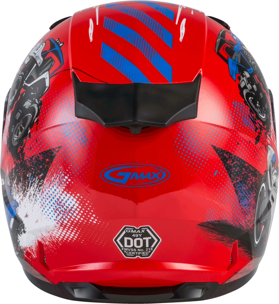 Gmax GM-49Y Youth Full Face Helmet Beasts Graphic Red Blue Grey Dual Lens