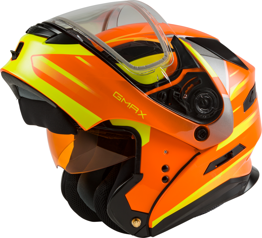 fluorescent orange motorcycle helmet Gmax MD-01S Modular Snow Helmet Descendant Neon Orange Hi Vis Dual Len – HelmetCountry.com