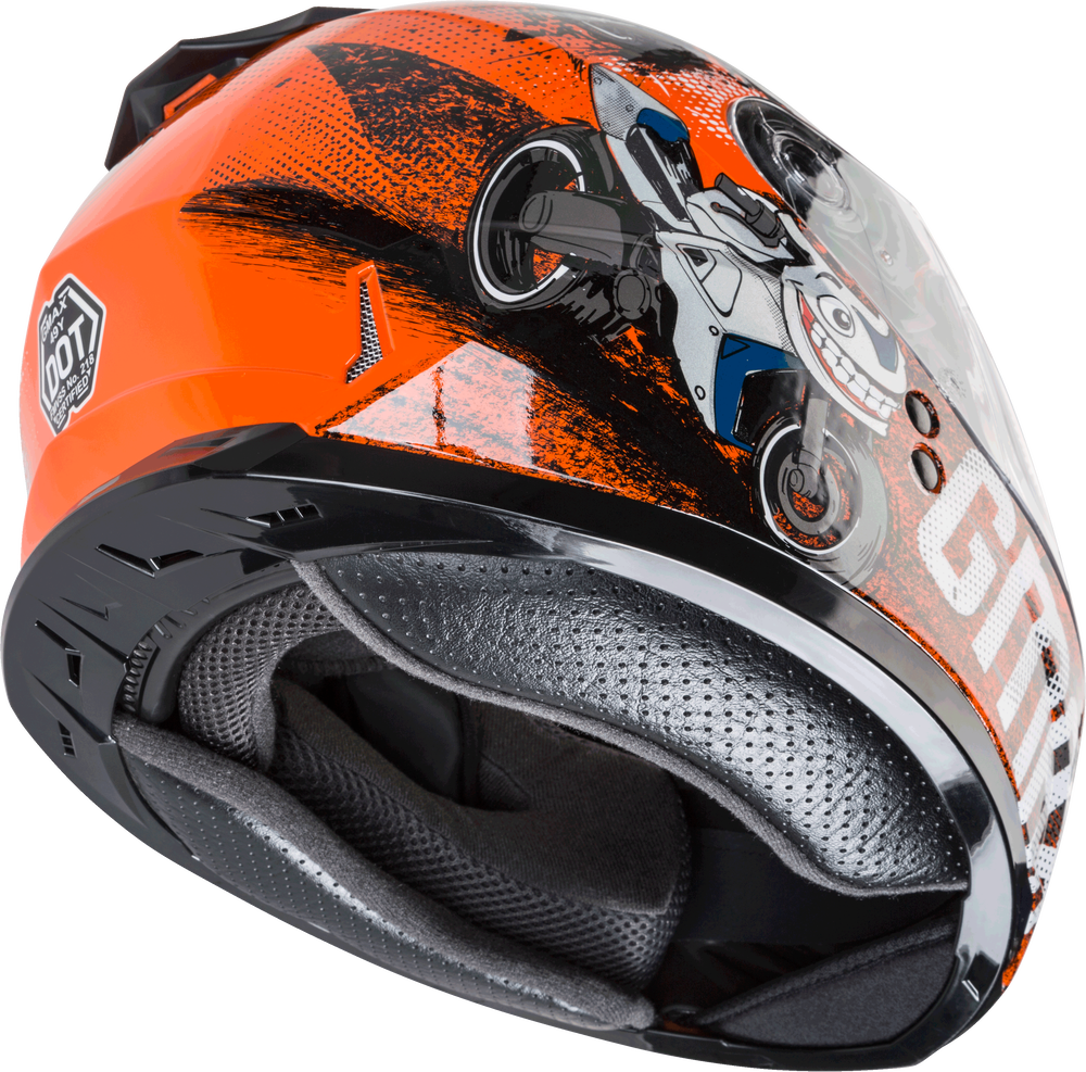 Gmax GM-49Y Youth Full Face Helmet Beasts Graphic Orange Blue Grey Dual Lens