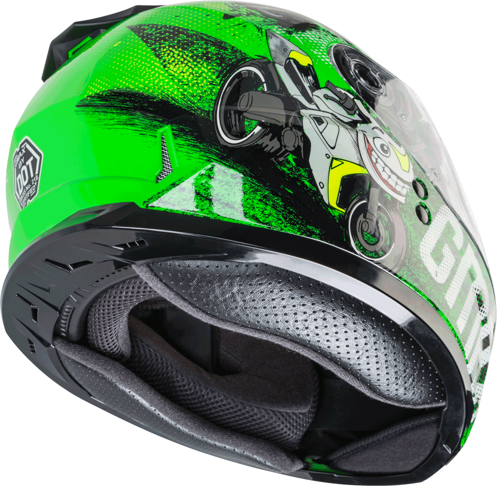 Gmax GM-49Y Youth Full Face Helmet Beasts Graphic Neon Green Dual Lens